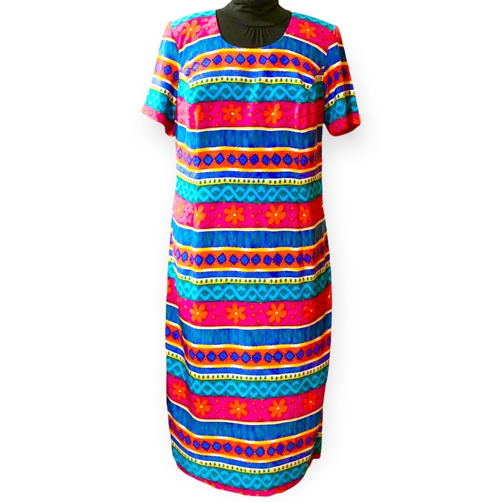 Vtg Y2K bright geometric shift dress 20W tribal abstract funky 90s 80s colorful